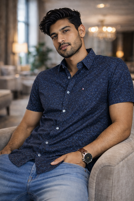 Navy Blue Printed Shirt – 100% Premium Cotton | Slim Fit Casual & Party Wear